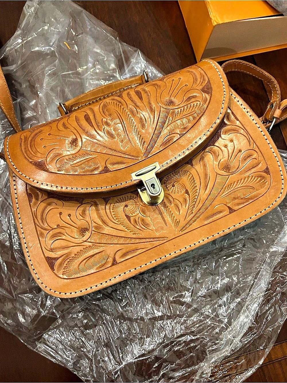 Tooled Leather-Style Shoulder Bag in Brown Like New